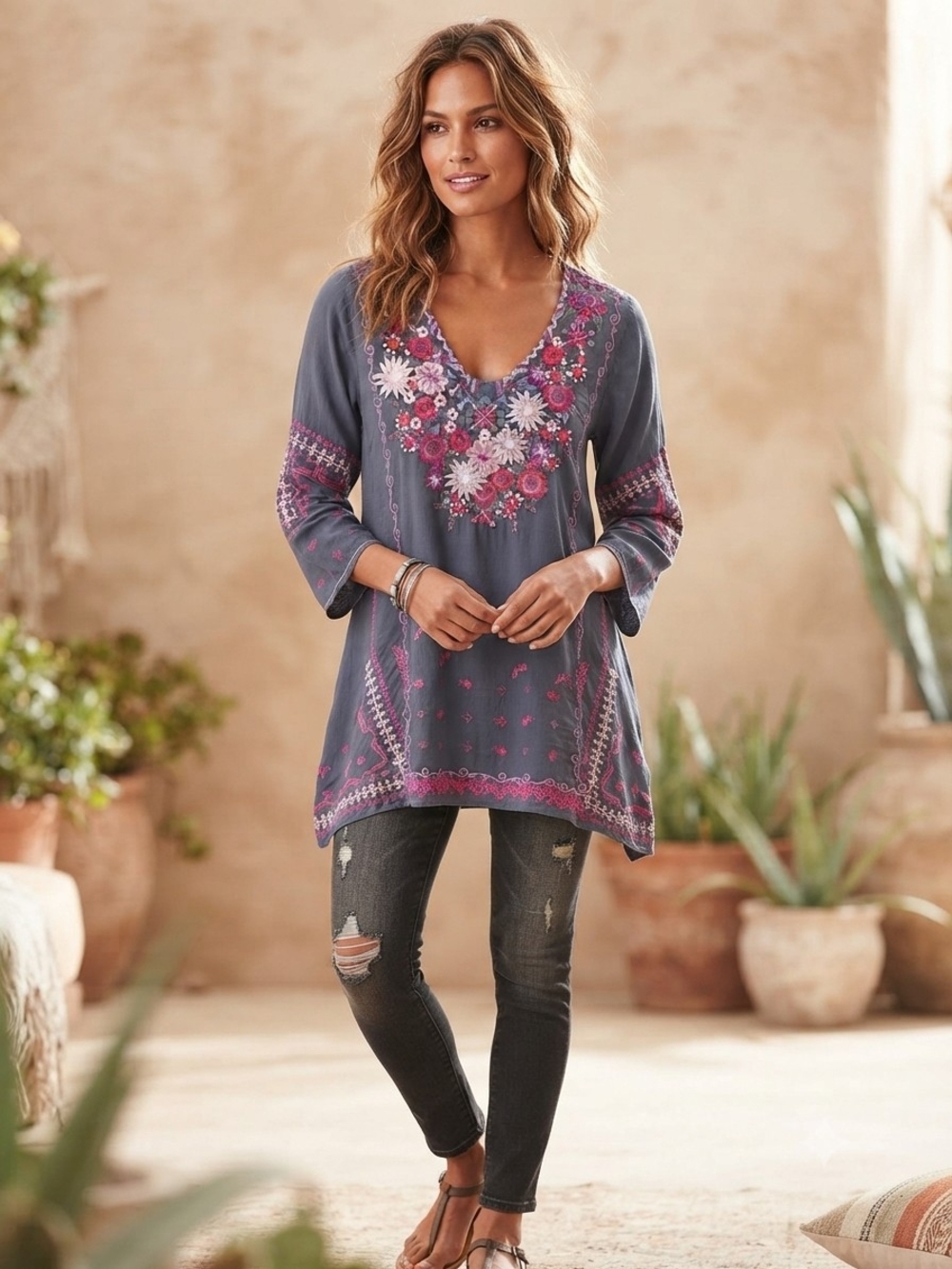 Johnny Was Wish Stitch Slate Blue Embroidered V-Neck Tunic with Pink Floral